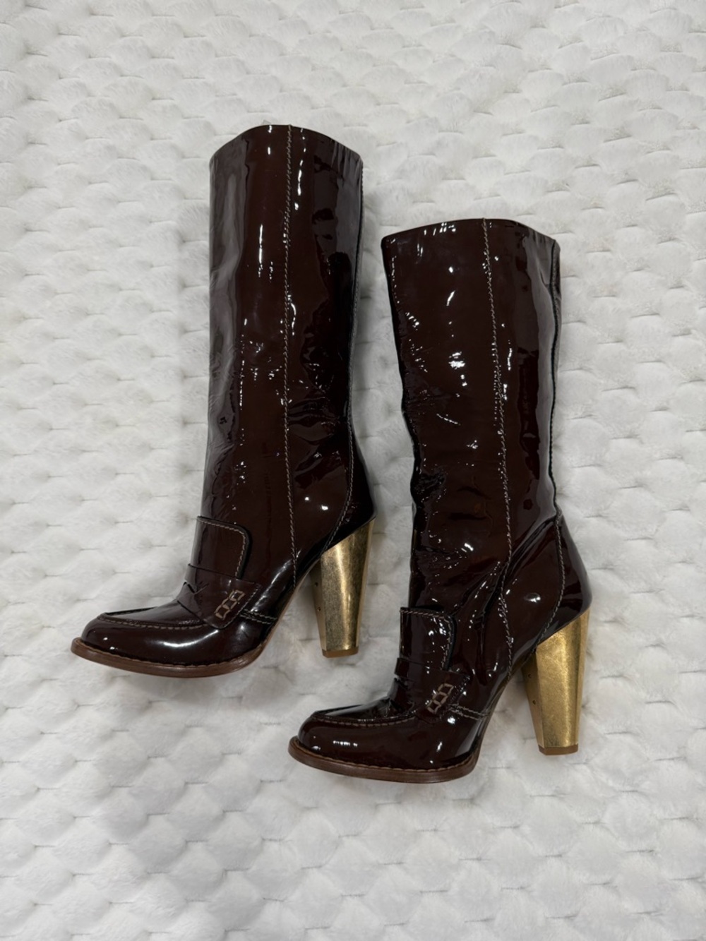 Dolce & Gabbana Brown Patent Mid-Calf Boots with Gold Heels
